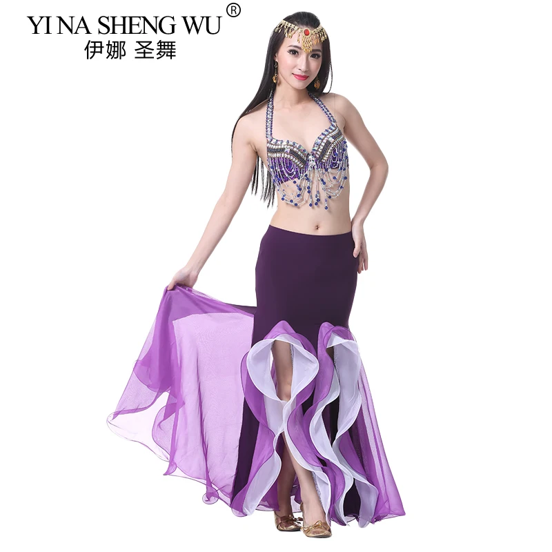 الشرقية تنورة رقص البطن الطابق طول مثير الرقص الشرقي كريستال القطن مزدوجة الشق تنورة تنورة رقص شرقي للنساء 9 ألوان