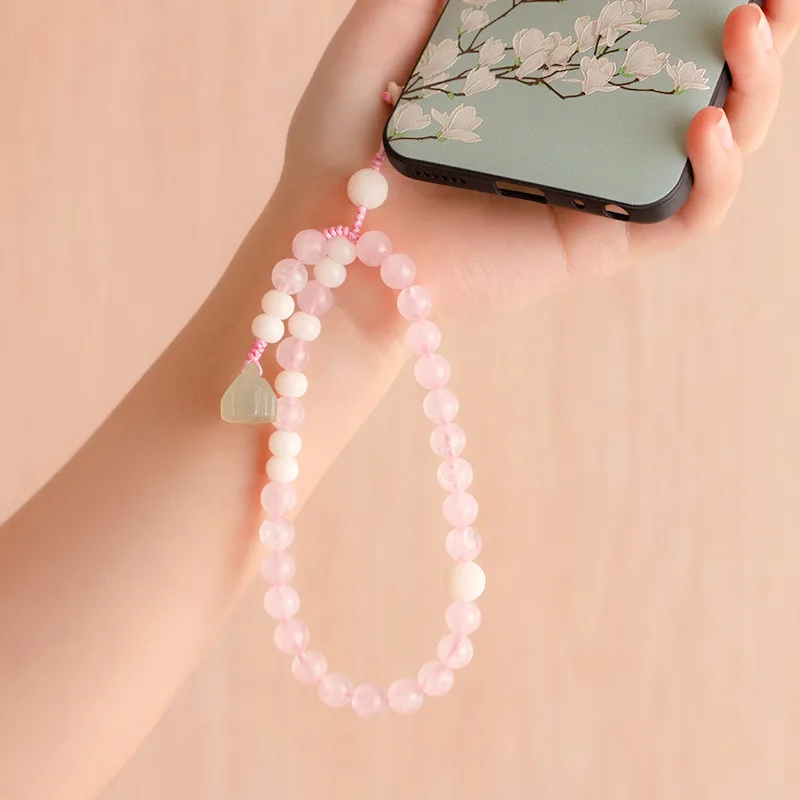 Creative Mobile Phone Chain Chinese Style Female Phone Hanging Rope Pink Crystal Wrist Short Mobile Phone Case Rope Pendant