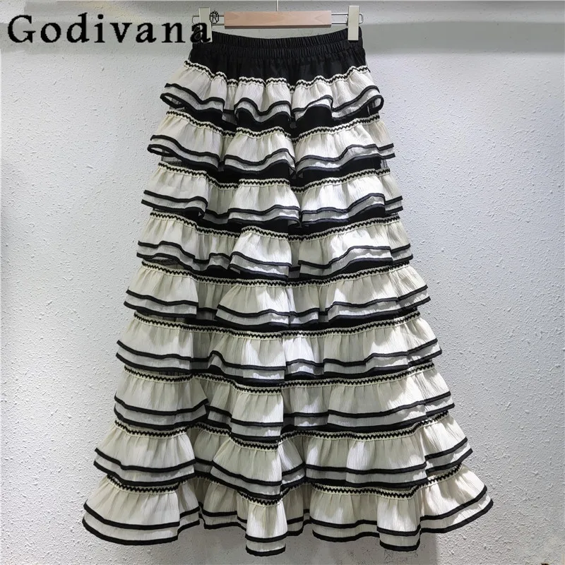 Jupe gâteau français en gaze de couleurs contrastées, douce, mode, taille haute, ligne a, polyvalente, ample, rayée, longue, printemps été