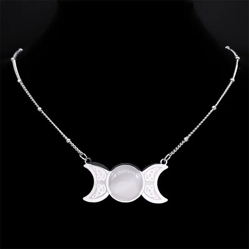 New Witchcraft Triple Moon Pendant Celtic Witch Knot Necklace Wicca Stainless Steel Opal Stone Triple  Goddess Necklaces Jewelry