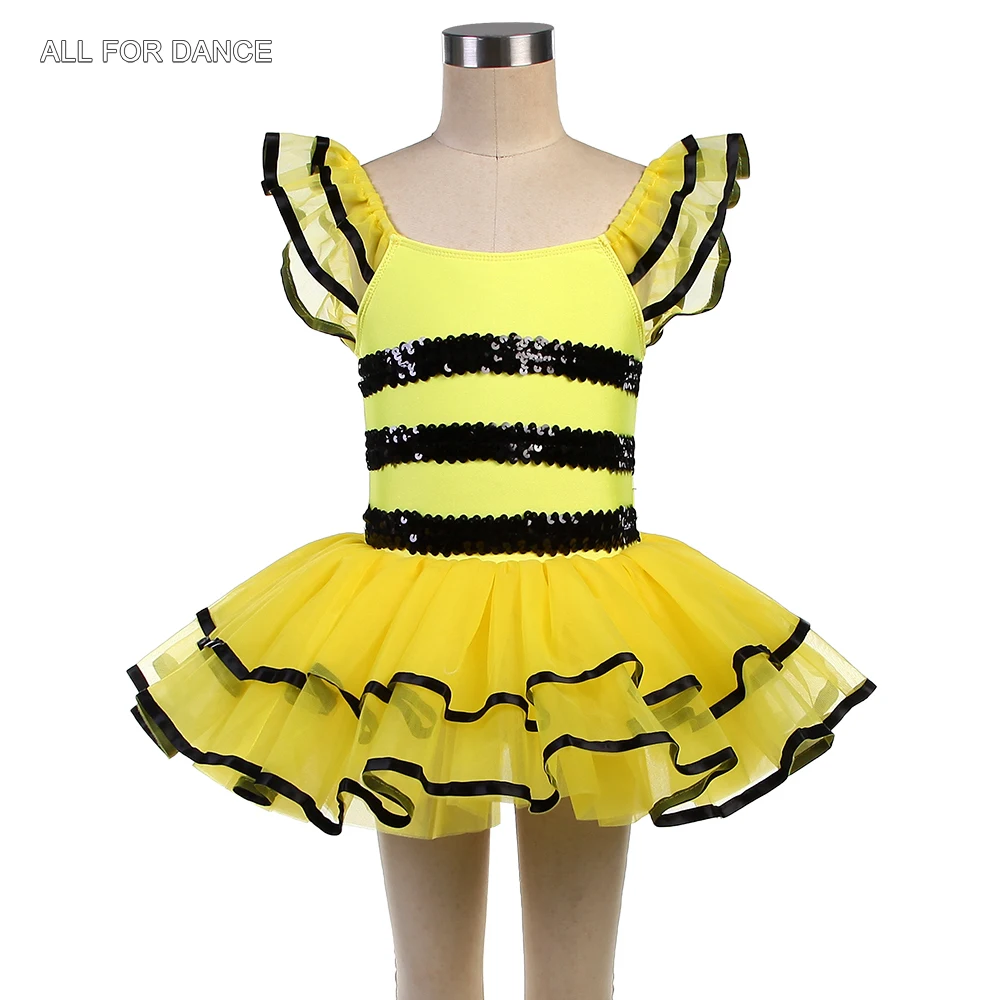 

25161 Yellow and Black Sequin Spandex Bodice Kids Ballet Tutu Skirts Girls Ballet Dancing Tutu Stage Performance Costumes