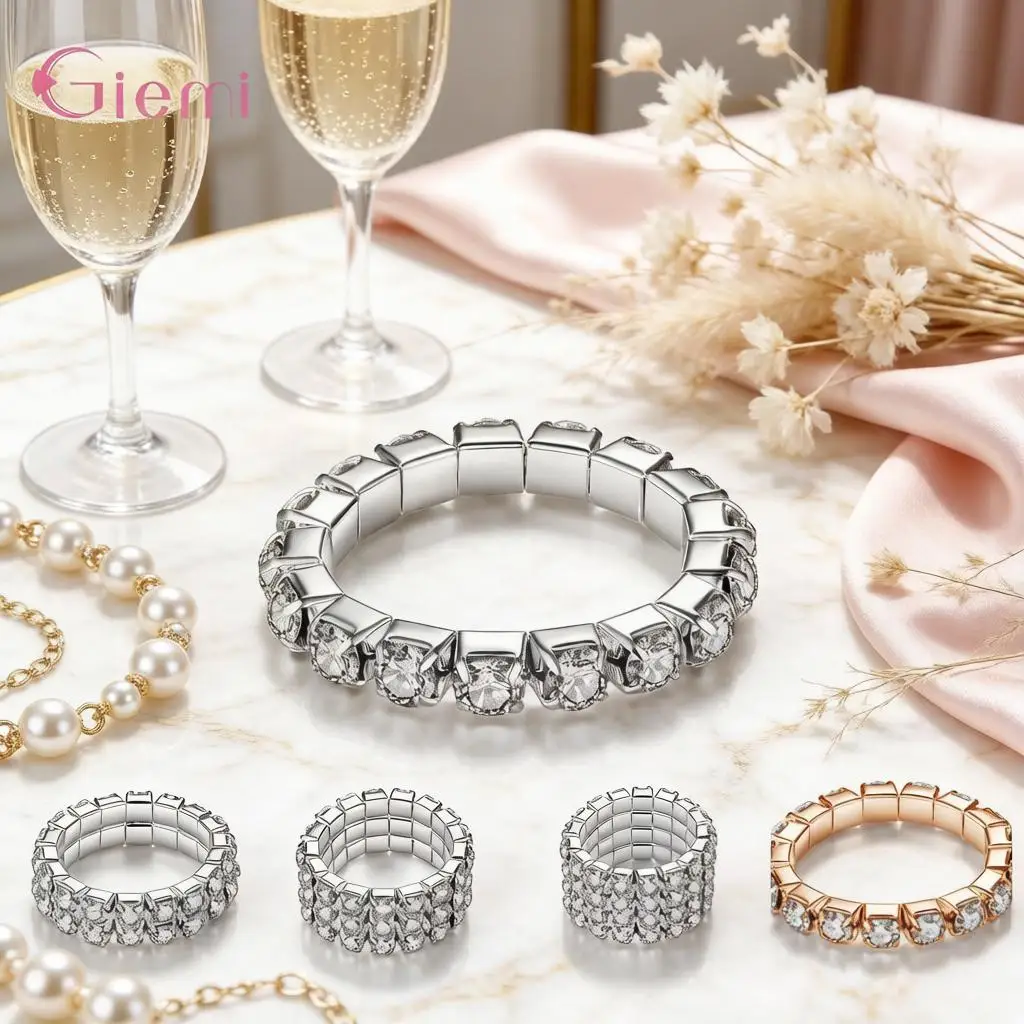 

Classic Shiny 925 Sterling Silver Multi Rows Full Crystal Zircon Stretch Rings For Women Girls Anniversary Party Jewelry Gifts