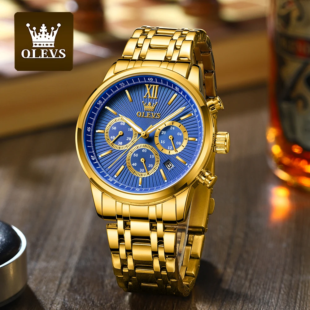 OLEVS Official Exclusive Watch for Men Gold Stainless steel Strap Automatic Date Men's Quartz Watch