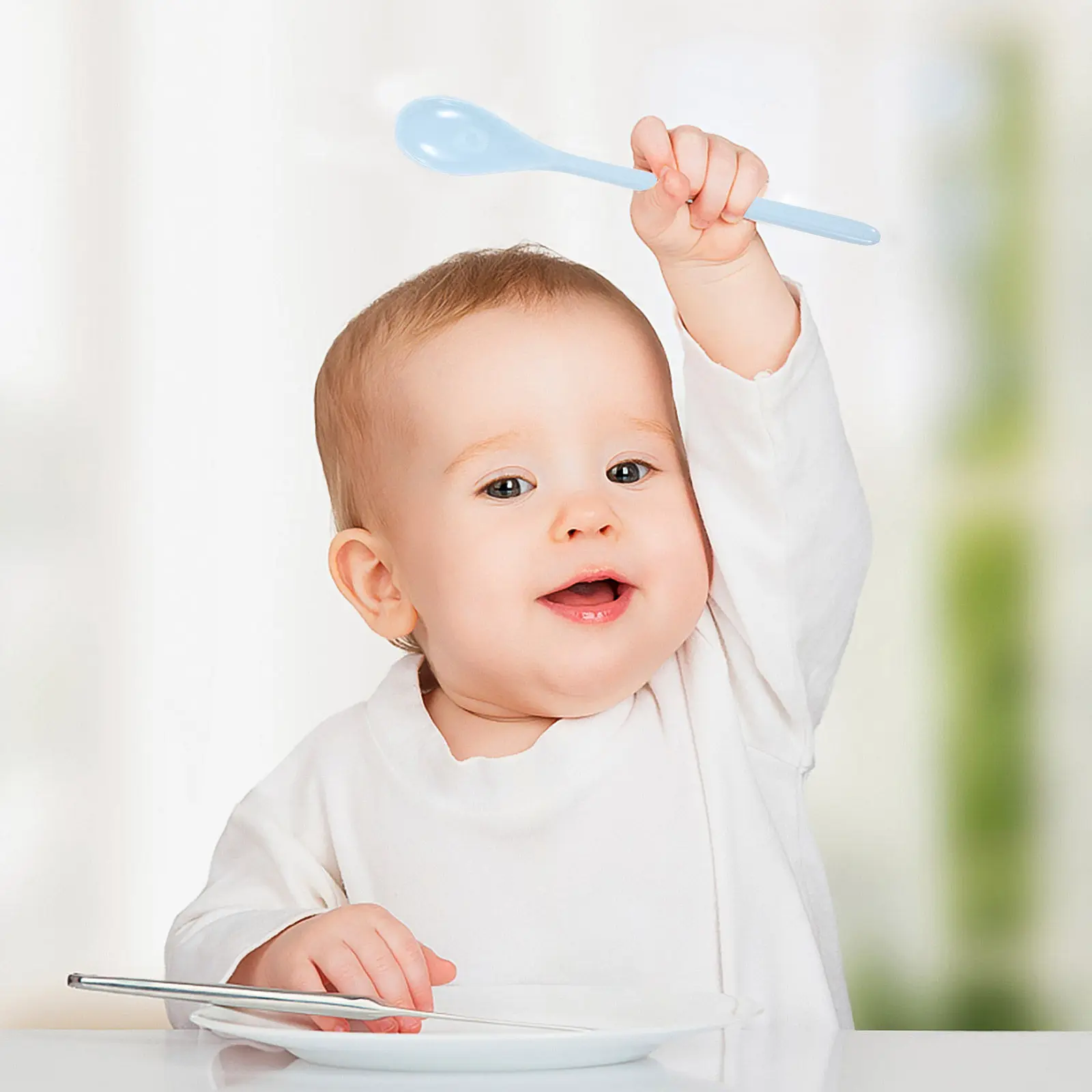5Pcs Long Handle Baby Spoon Set Drop-Resistant Plastic Children's Stirring Spoon for Home Kindergarten Solid Color Creative