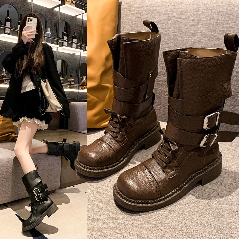 

Новинка 2025, брендовые сапоги до середины икры с металлической пряжкой, женские ковбойские сапоги в стиле панк на среднем каблуке в стиле вестерн, модная зимняя женская обувь