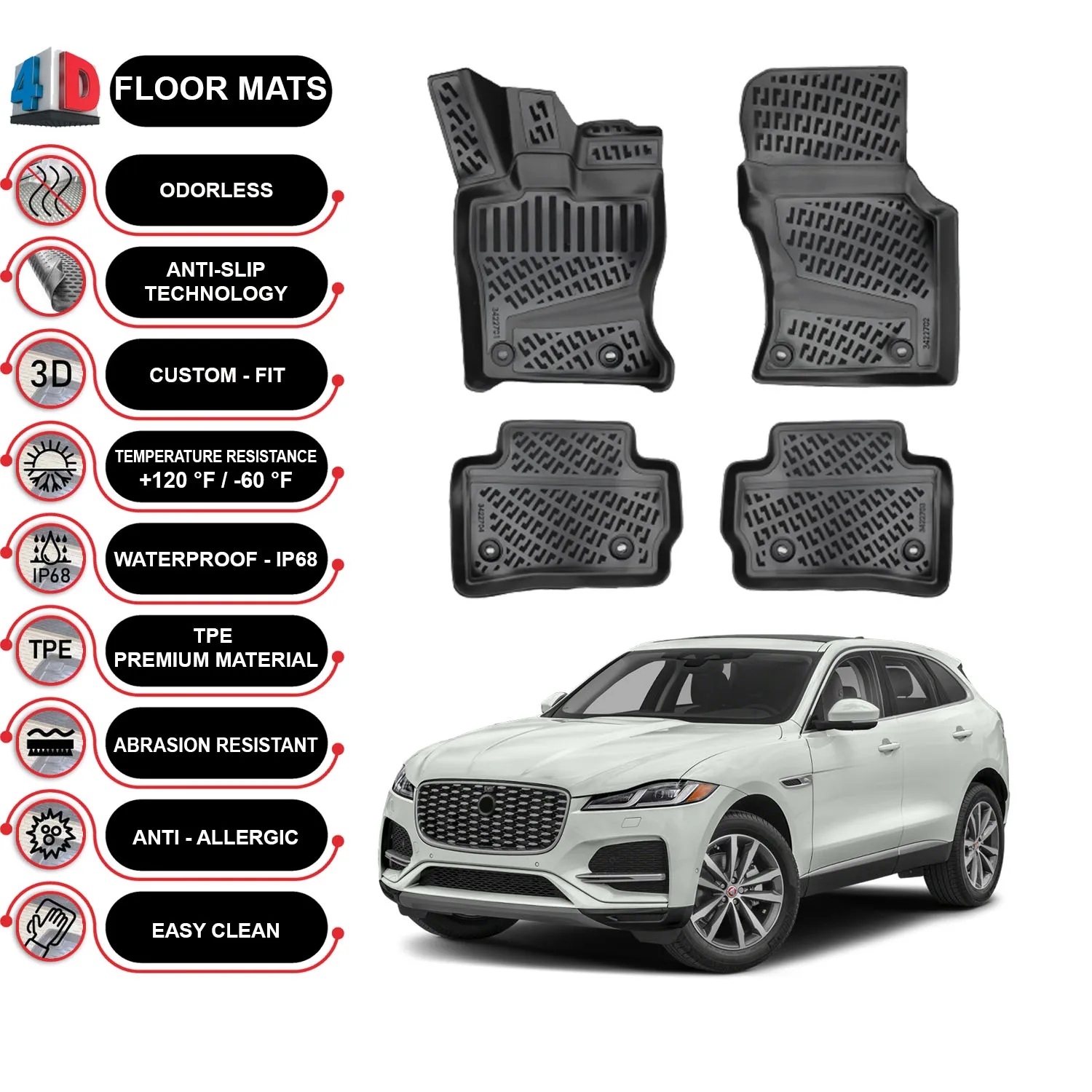 Jaguar F-Pace - (2016-2022) Floor Mats Liner Waterproof 3D - (Black)