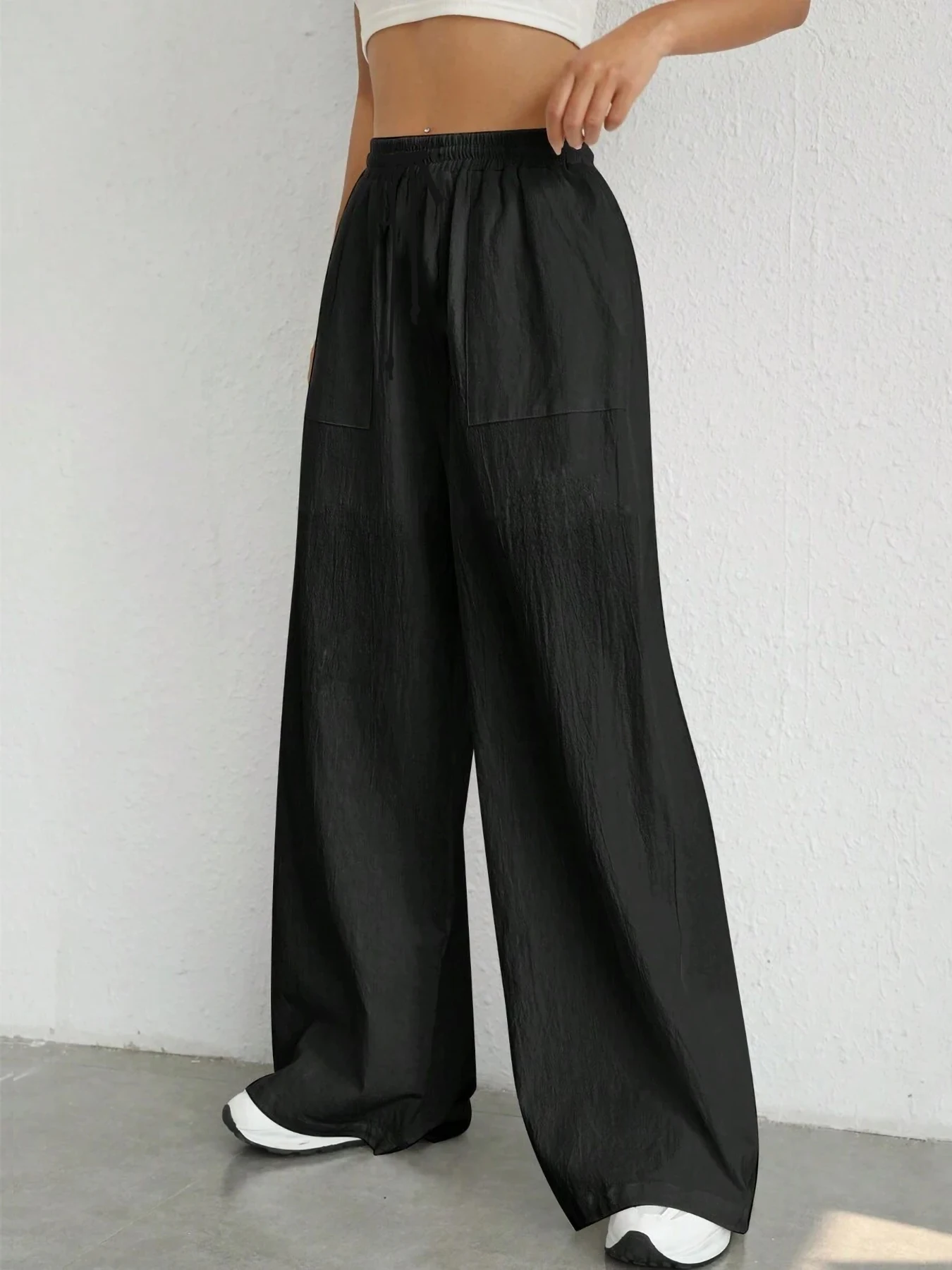 Damen-Hose in Unifarbe, lockere Hose mit weitem Bein, lässige Hose mit Kordelzug, gerade Hose mit Taschen, lässige Hose, lockere Hose mit hoher Taille – Detail 17