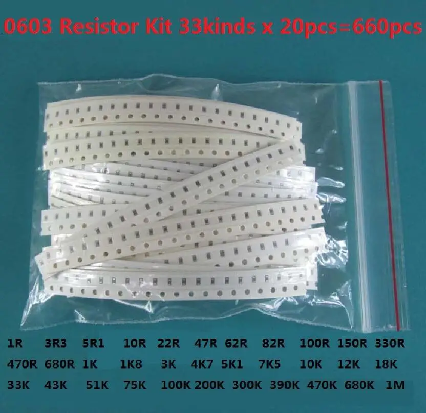 1206 0805 0603 Resistor Kit (1R~1M 1%) 33 Values X 20PCS=660PCS Pack Sample Kit Assorted 1K 10K 150R 330R 470R 1.8k 3k 4.7k 5.1k