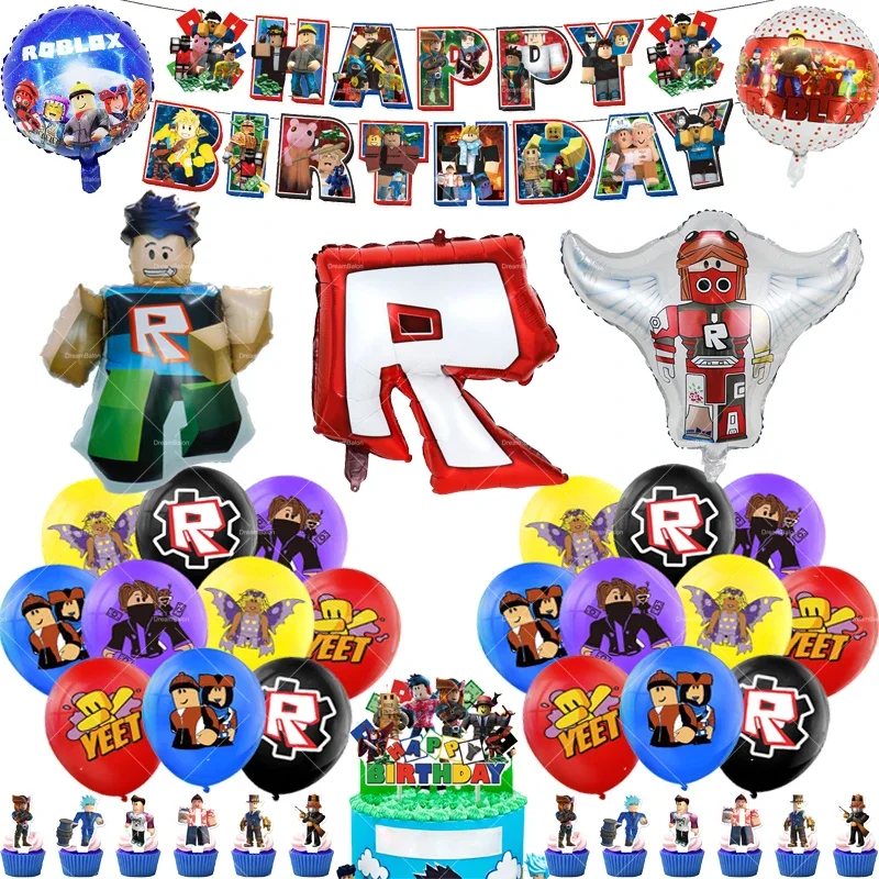 Robloxes Foil Ballons Happy Birthday Banner Party Decoration Favor Game Latex Balloons Cake Topper Supplies Disposable Tableware