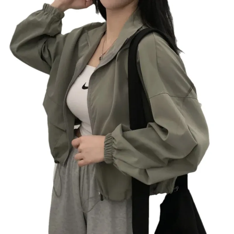 Women's Spring Summer Thin Sunscreen Windproof Fashion Retro Versatile Tooling Drawstring Short Baseball Jacket Top Coat Tide
