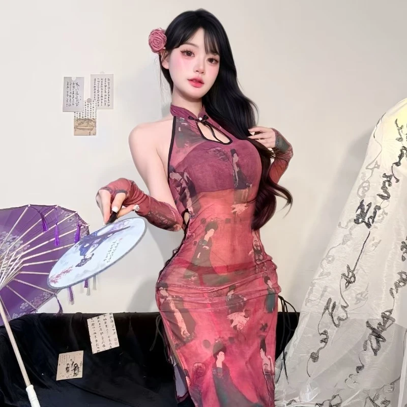 M-3XL Große Größe Erotische Cheongsam Frauen Qipao Kleid Spitze Up Hohe Schlitz Ärmellose Midi Chinesische Babydoll Party Cosplay Dessous