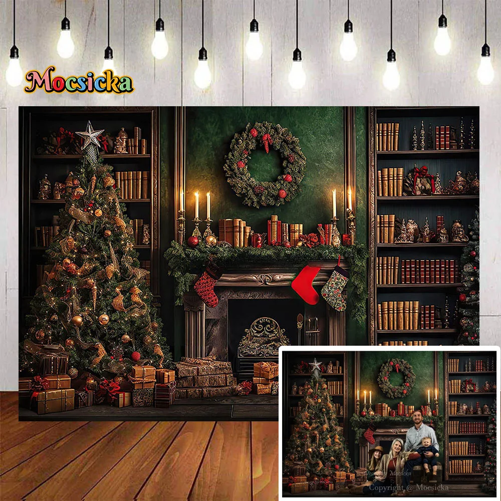 Retro Christmas Fireplace Photography Background Green Bookshelf Xmas Tree Garland Backdrop Winter Night Famliy Room Photocall