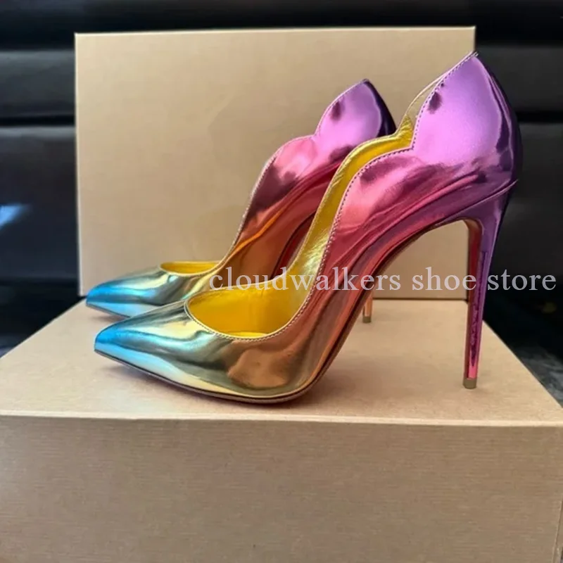 

Gradient Color Shiny Patent Leather Wrapped Pointed Toe Stiletto Pumps Wavy Line Design Fashion Lady Slip On Party Catwalk Pumps