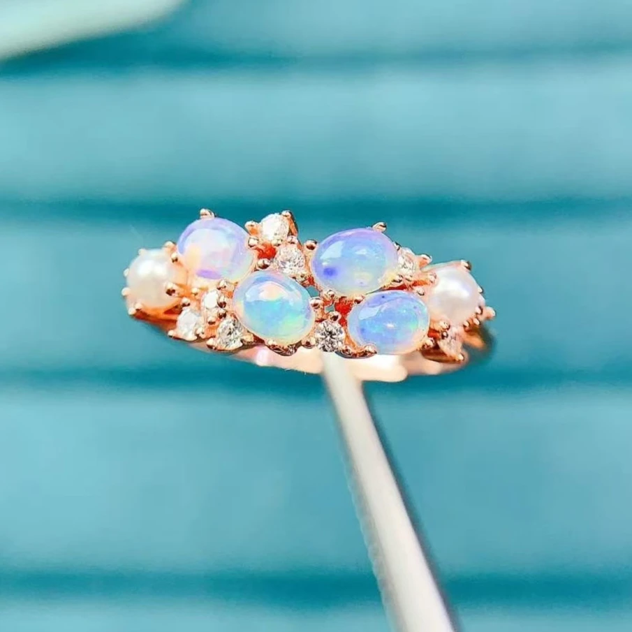 

925 Sterling Silver Natural Opal Ring 4x3mm Oval White Fire Opal Cluster Design Women Fashion Jewelry Gift