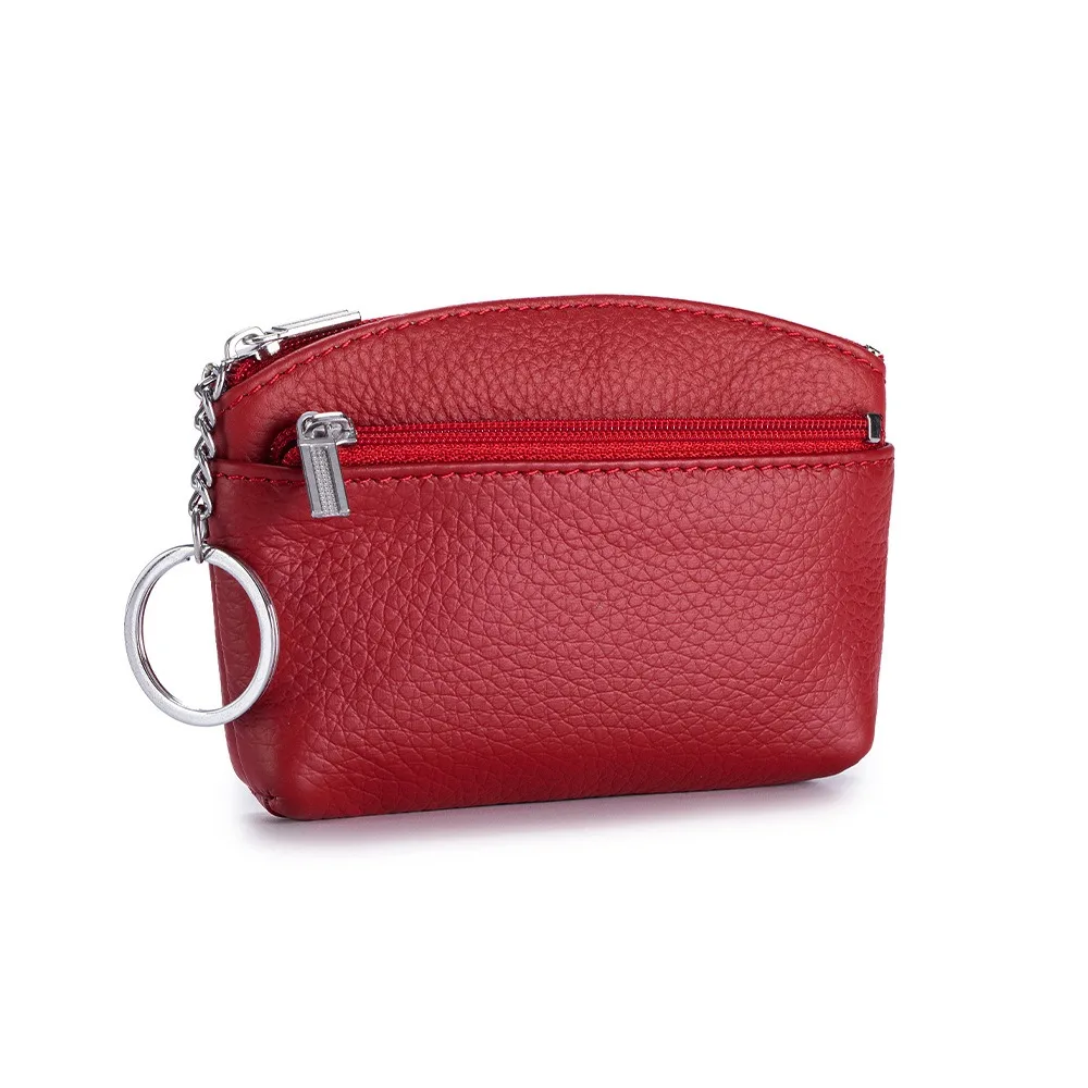 Women Genuine Leather Zip Mini Coin Purse With Key Ring Minimalist Zipper Small Pouch for Coins Keys Bank Cards