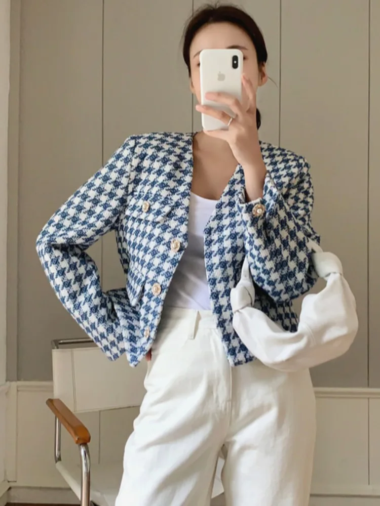 

Ele Pearl Button Design Loose Fit Long Sve V-Ne ort Пальто для женщин Sli Chic Клетчатая верхняя одежда Универсальная осенняя одежда
