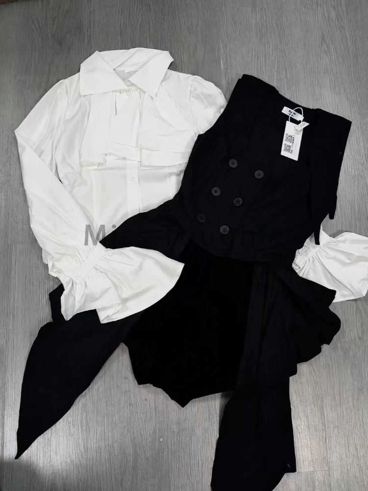 Gothic Darkly Sweet Lolita 3-piece Set Women Y2k Chic White Bow Flare Sleeve Shirts Strap Skirt Mini Pants Design Patchwork Suit