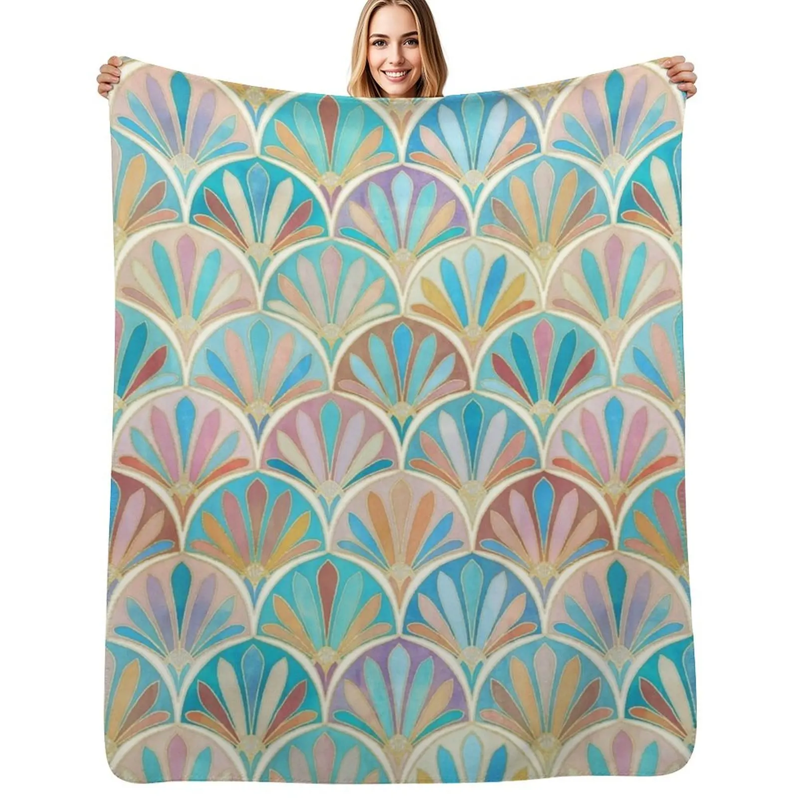 Vintage Twenties Art Deco Pastel Pattern Throw Blanket Soft Breathable Blanket for Night Sleeping