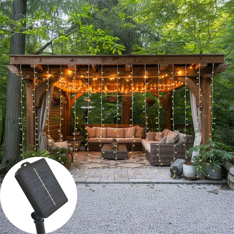 

Solar Curtain Lights LED Waterfall Light with 8 Modes Fairy String Lights for Outdoor Christmas Party Holiday Wedding Decoration