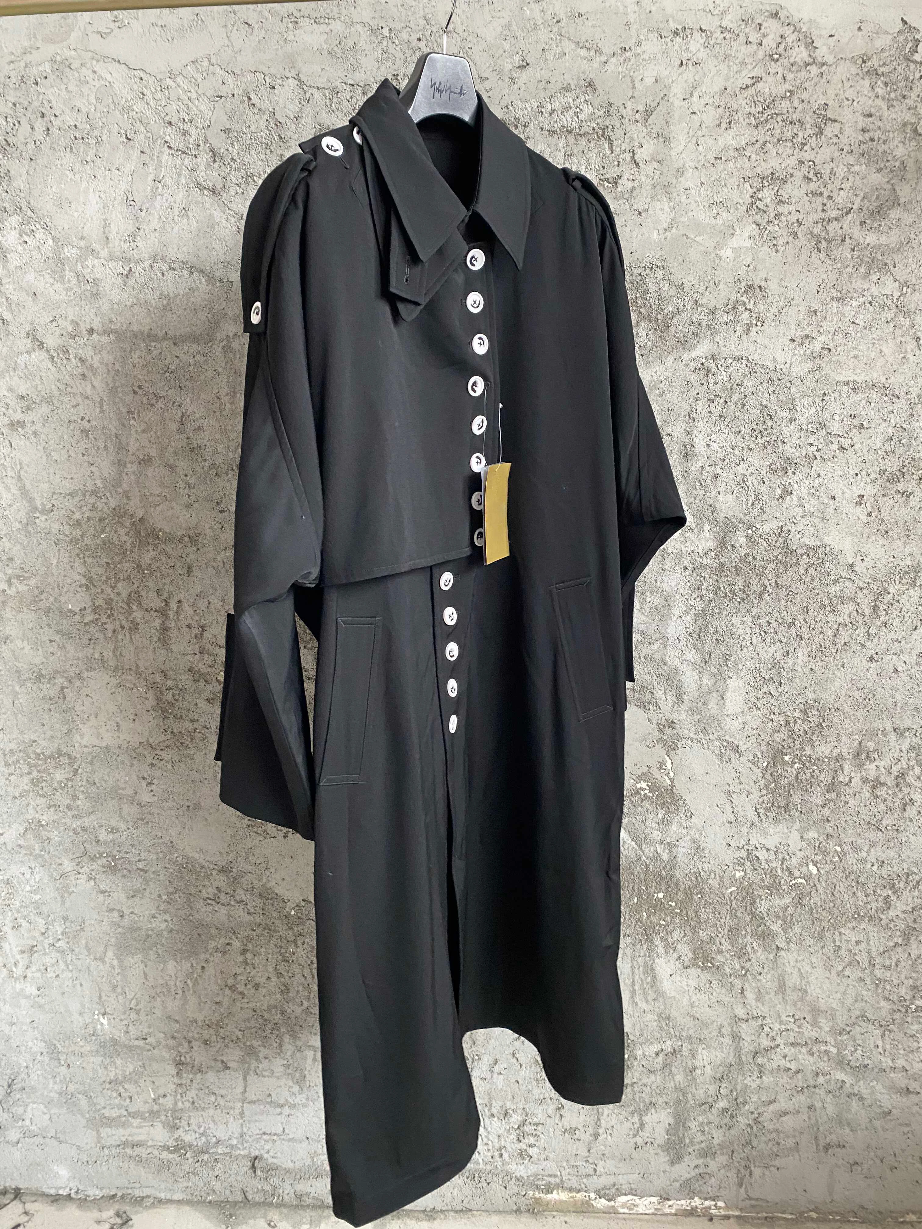TOP-YAMAMOTO ink-wash button trench long knee-length wool coat