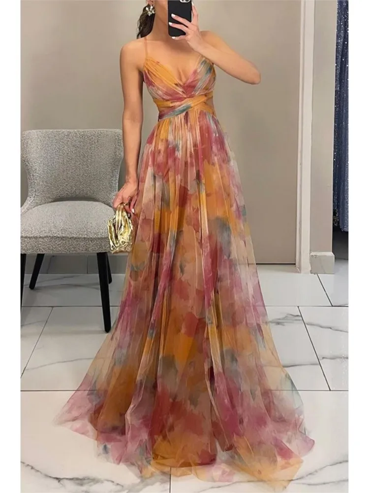 

Elegant Sexy Hollow Out Party Dress,Women Summer Loungewear Fashion Printing Maxi Dress, Sleeveless Lace-Up Ladies Dress Vestido