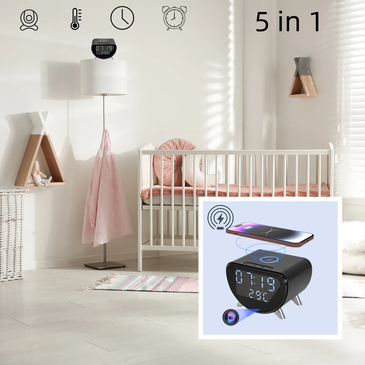 4K HD  Alarm Clock Camera Wireless Charger With Recording, Motion Detection, Remote Viewiing, Nanny Cam for Indoor Security