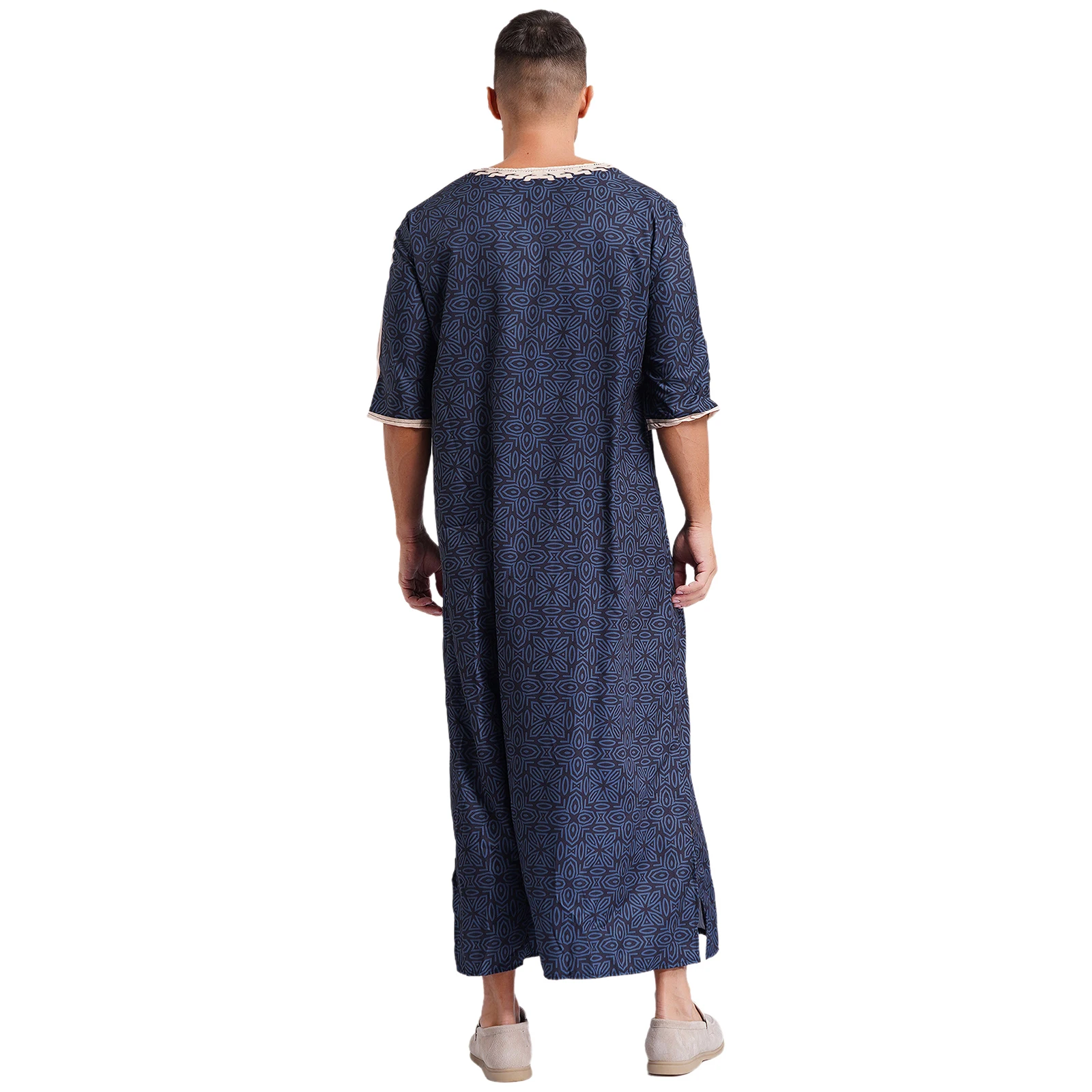 Robe estampado muçulmano islâmico masculino, roupas de cosplay gola V, manga curta, bainha de fenda, caftan solto, túnica árabe para festa, loungewear para férias