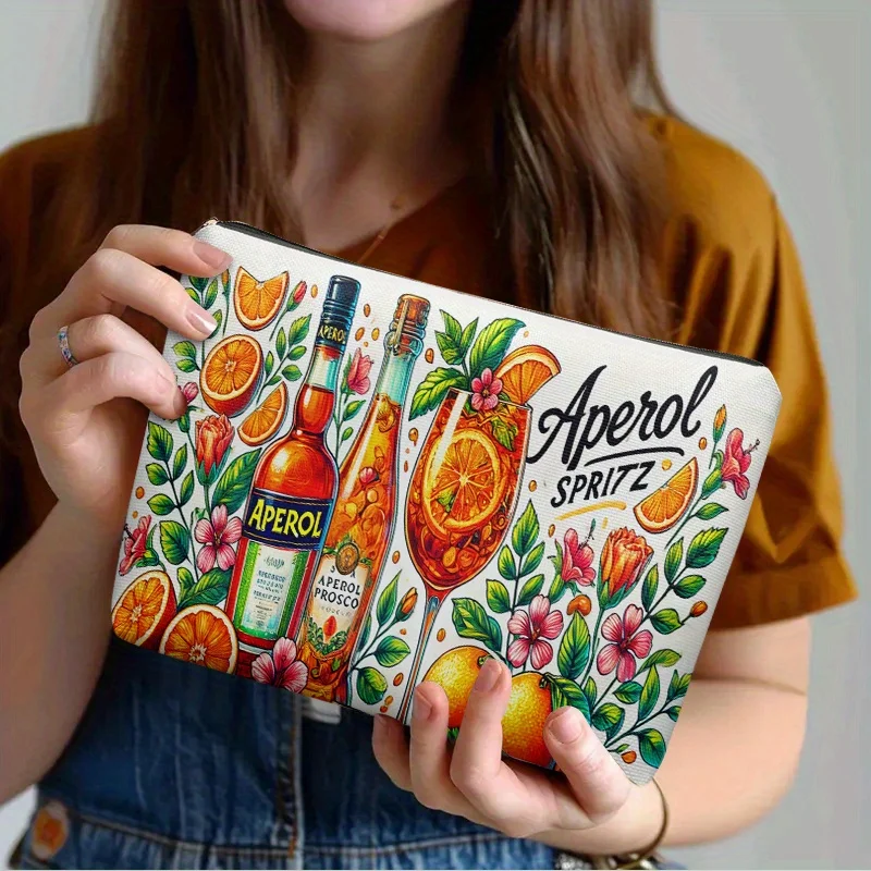1pc Aperol Spritz Cocktail Design Makeup Bag - Lightweight Zippered Cosmetic Pouch with Vibrant Orange & Citrus Illustration