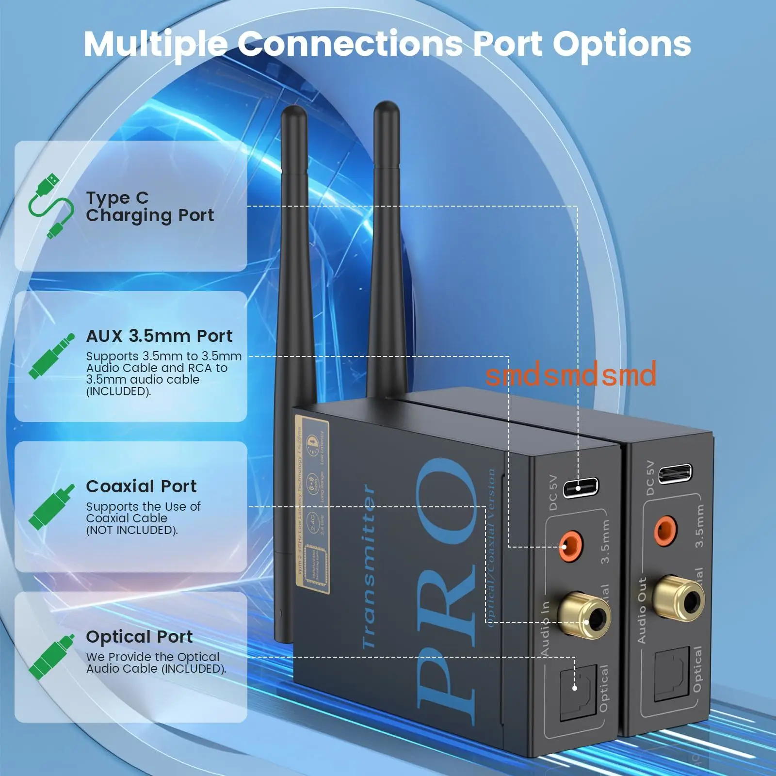 1Mii 2.4GHz Wireless Audio Transmitter＆Receiver, 192KHz/24bits HiFi Audio,20ms Low Latency, Optical/Coaxial/RCA Ports-RT5066pro