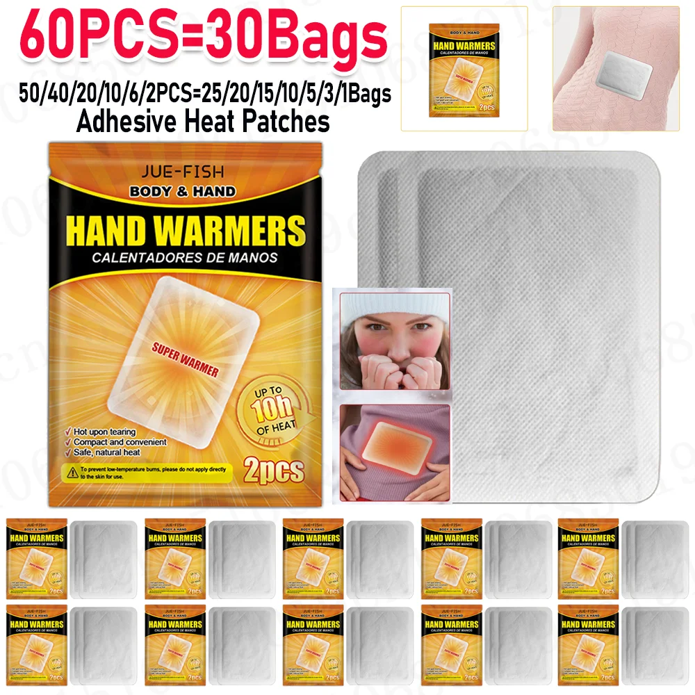 60-2Pcs Air Activated Warmers Long Lasting Disposable Heating Pack Self Adhesive Heating Patches for Hand Foot Neck Back