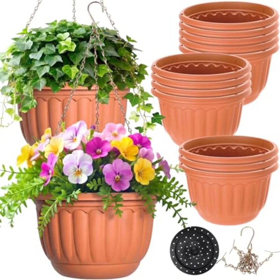 

Indoor and outdoor use, plastic hanging planters with self-watering system, terracotta color, 12-inch size, drainage hole and a