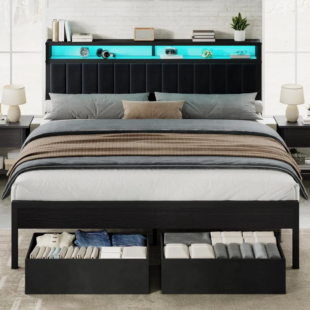 King Bed Frame with LED Light and 2 Storage Drawers, Metal Platform Bed with Storage Headboard, Velvet Upholstered,, Customized