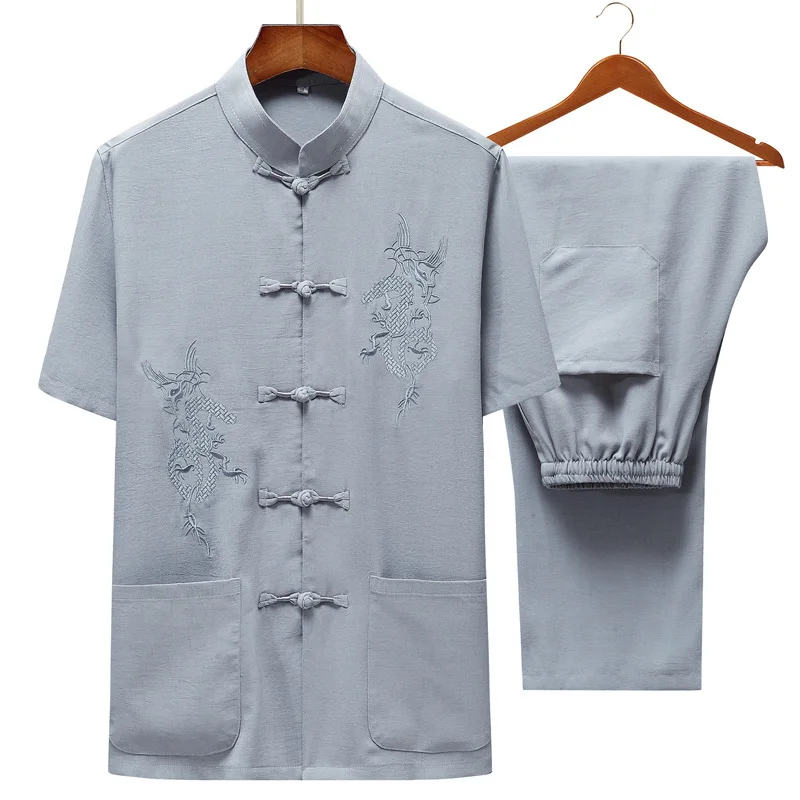 Cotton Linen Embroidered Men's Tang Suit Classic Stand Collar Hand Button Shirt Pants Elastic Waist Loungewear Set Kung Fu Suit