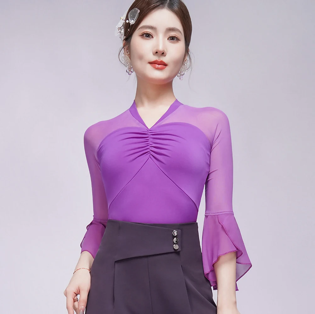 Manica in corno Top da ballo latino Ballo da sala Palla viola Scollo a V Samba Nero Blu Camicia da pratica di danza da donna Nuovo