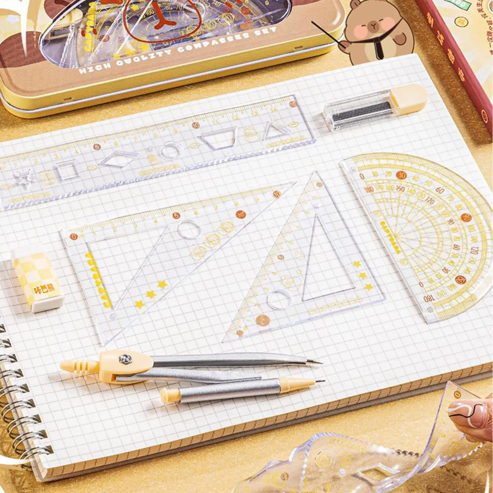 

Набор для геометрии из 8 предметов с тематикой Капибары: безопасные измерительные инструменты, линейки для детей, для школы, класса, учебы, экзаменов, творчества, колледжа, обучения