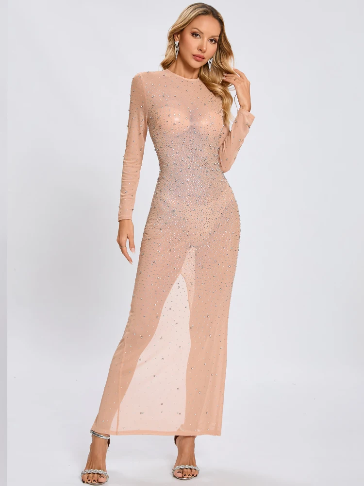Robe longue en maille nue et cristal – Robe moulante transparente à manches longues pour soirée cocktail et fête d'anniversaire