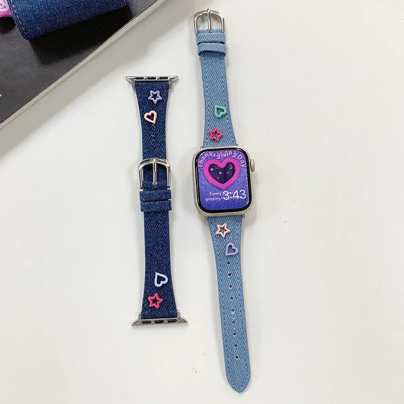 Apple Watch用のクリエイティブなデニムキャンバスストラップ,女性用ブレスレット,iwatchシリーズ7,correa 45mm, 41mm, 44mm, 9mm,8,se,6,5,4,38mm 42mm、49mm