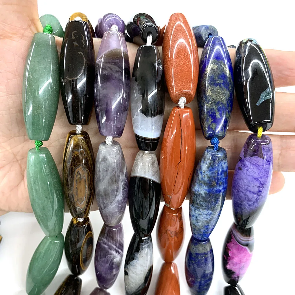 40x14mm 9pcs/Strand Large Rice Tube Loose Spacer Stones Natural Gems Amethyst Rose Quartz Agate Crytstals For DIY Jewelry Making