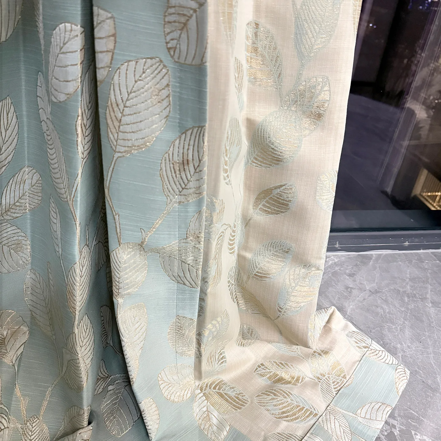 Gold Wire Jacquard Light Blue Leaf Shading Curtains for Bedroom Living Room French Window Partition Curtain Customized Villa