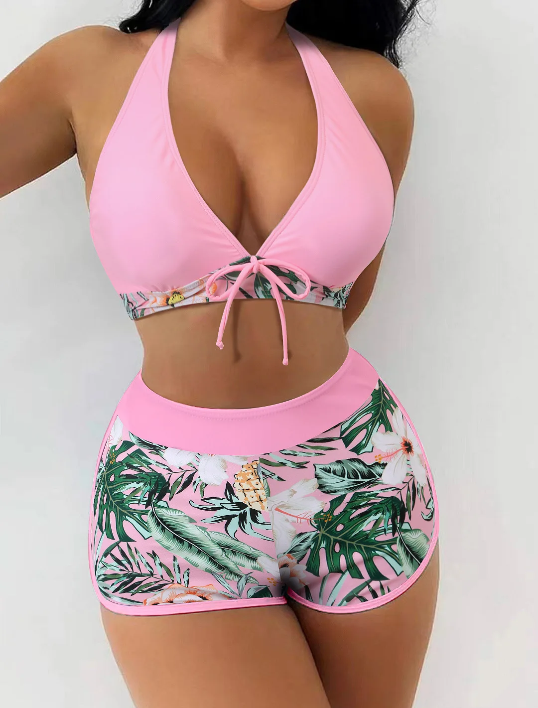 

Women's Paneled Printed Swimsuit Ladies Fashion Sexy Split Boxer High Waist Swimsuit Two-Piece Set V-Neck Bathing Suits Female