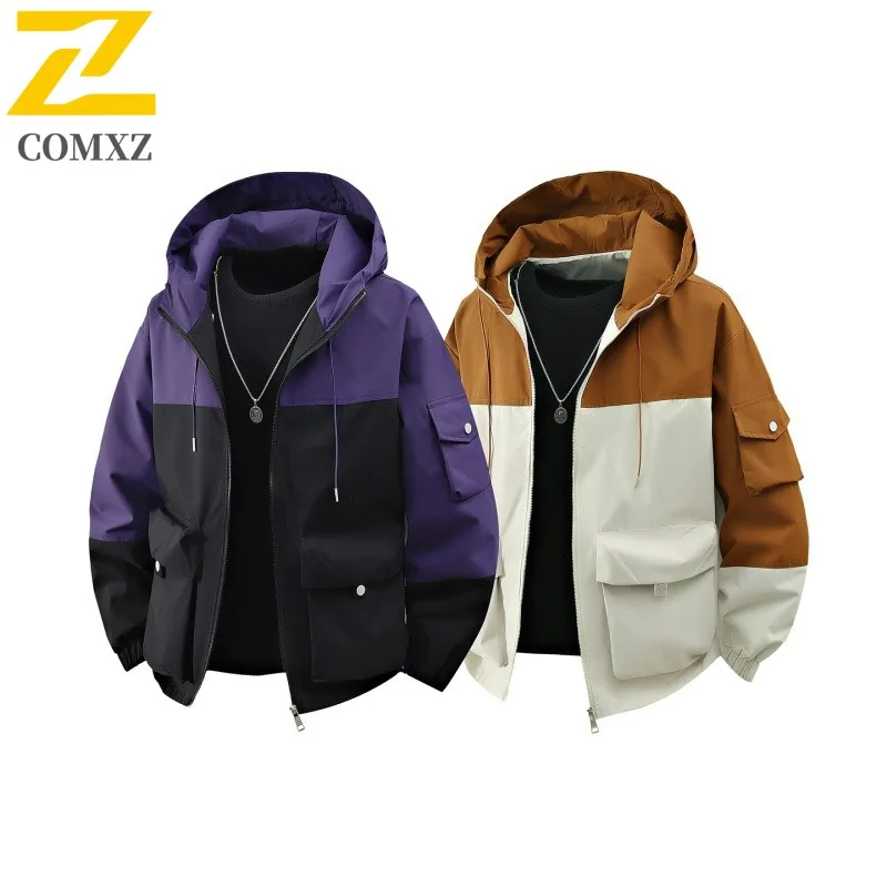 

COMXZ Men Jackets Hooded Outdoor Running Windproof Motorcycle Jacket Korean Fashion Color Blocking Design Autumn Men Clothing