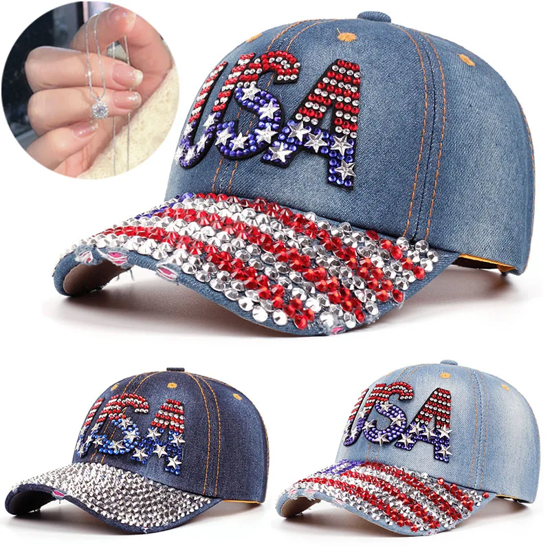

Stylish American - themed rhinestone washed baseball cap - for music festivals