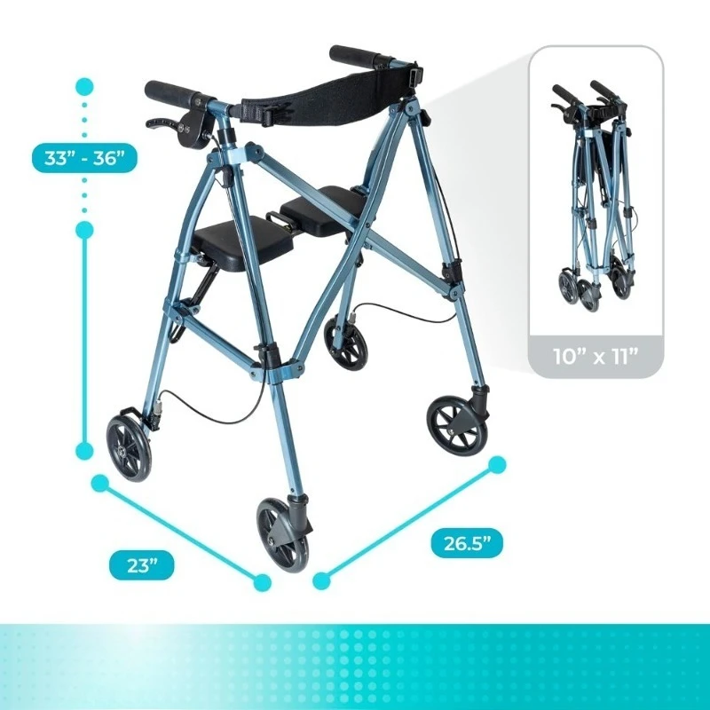 Opvouwbare rollator met zitting en rugleuning, 4 wielen, vergrendelingsremmen, lichtgewicht mobiliteitshulpmiddel voor senioren, volwassenen, blauw
