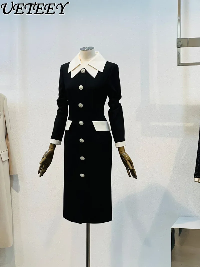 

Fall New Elegant Slim-Fit Double-Layer Collar Dress Single-Breasted Long Sleeve Commuter Color Contrast Patchwork Dress Women