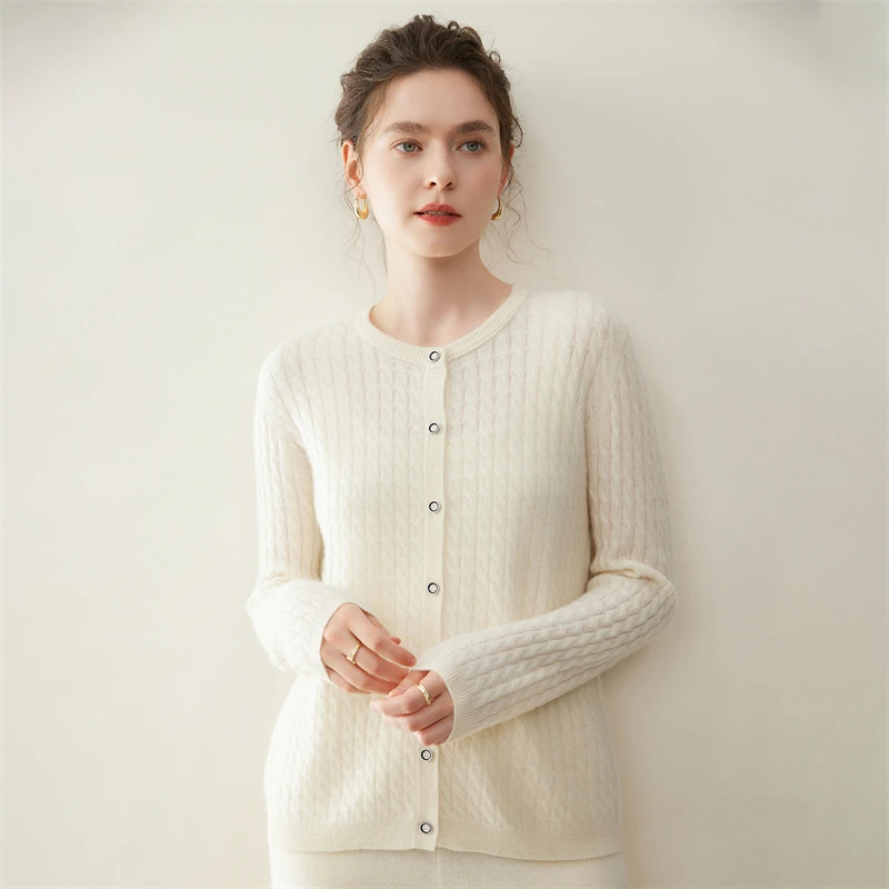شيك س الرقبة زر الملتوية كابل سترة الخريف الشتاء المرأة نعمة مكتب سيدة سترة مشغولة من الصوف الفاخرة 100% الكشمير بلوزات جديدة