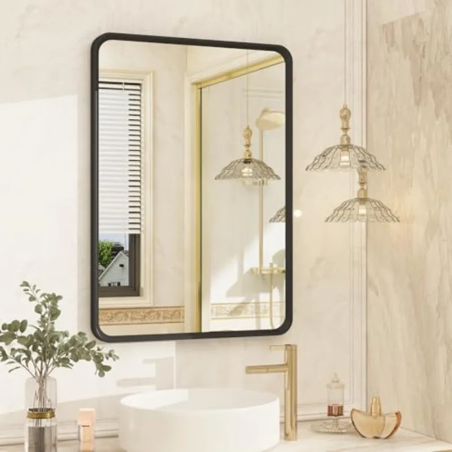 

16X24 Inch Black Bathroom Mirror for Vanity, Metal Framed Mirror, Rounded Rectangle Bathroom Mirror for Farmhouse, Anti-Rust, B