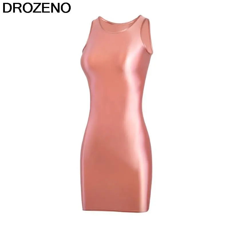 Drozeno satin glossy dress with Elastic Oily silk Tank Top Long Skirt Tight Wrap Hip One Step Dress