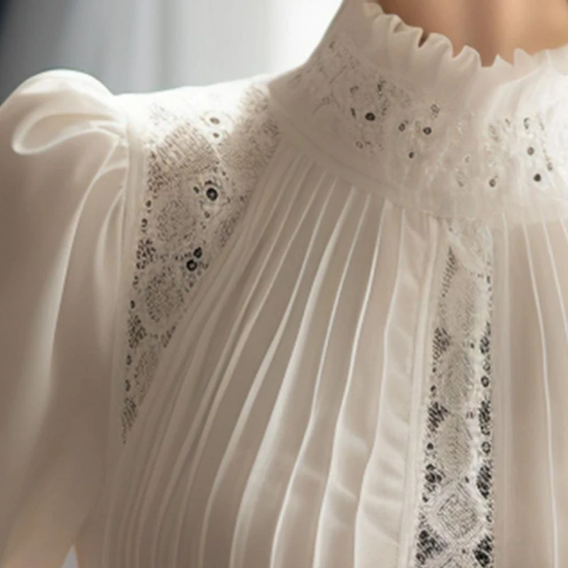الربيع السيدات المرقعة تفريغ الدانتيل كم طويل قميص بلايز جديد الكورية موضة المرأة بلون الوقوف طوق البلوزات