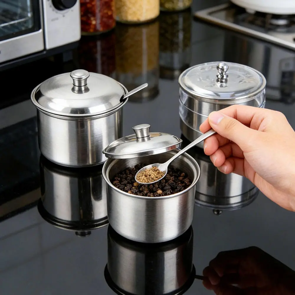 Elegant Stainless Steel Spice Organizer With Spoon Kitchen Seasoning Pot Anti Bacterial Container For Daily Chef Usage