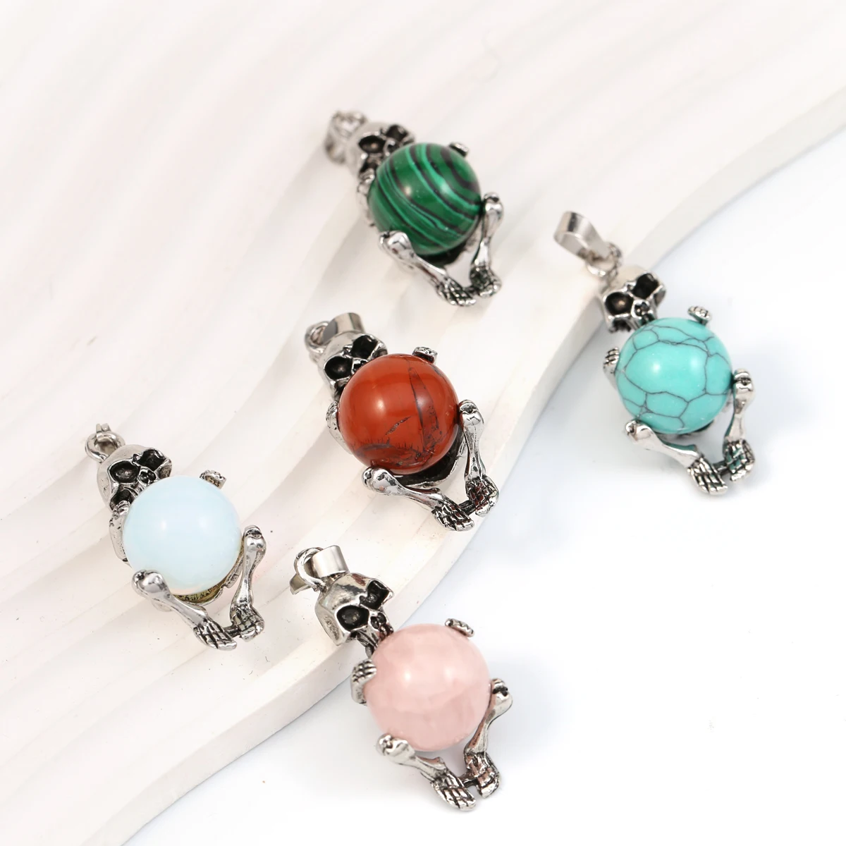 

2pcs Natural Semi-precious Stone Skull with Round Ball Pendant Gothic for DIY Women Men Necklace Jewelry Making Accessories